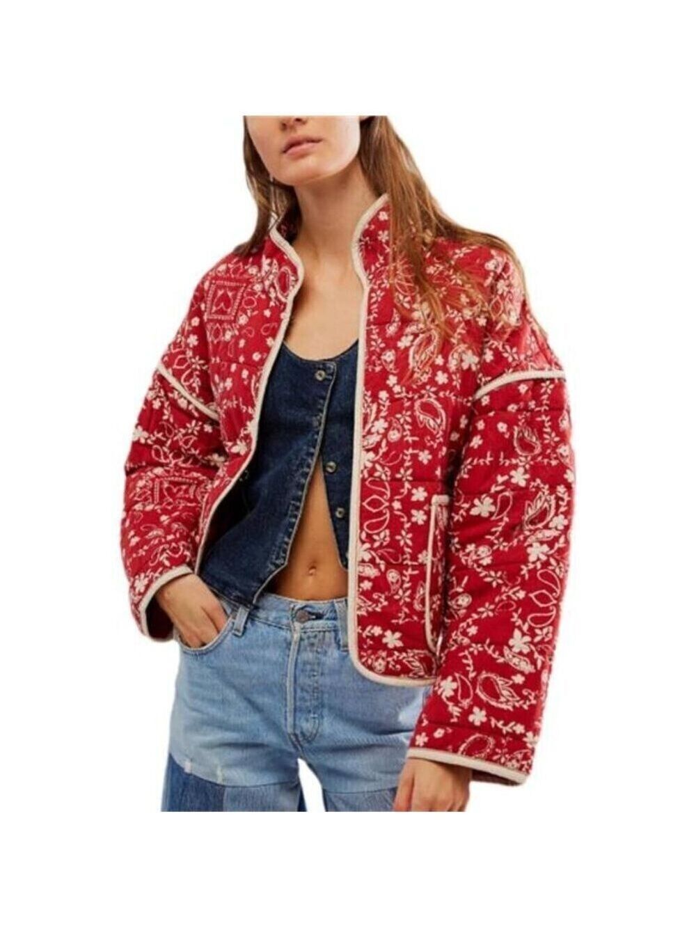 Women’s Retro Floral Red Quilted Cropped Puffer Jacket Stand Collar Coat: